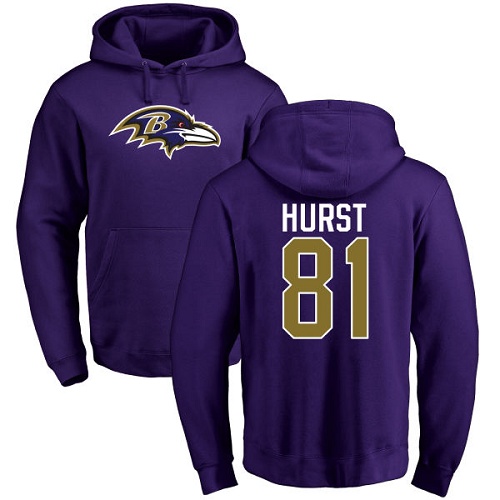 Men Baltimore Ravens Purple Hayden Hurst Name and Number Logo NFL Football 81 Pullover Hoodie Sweatshirt